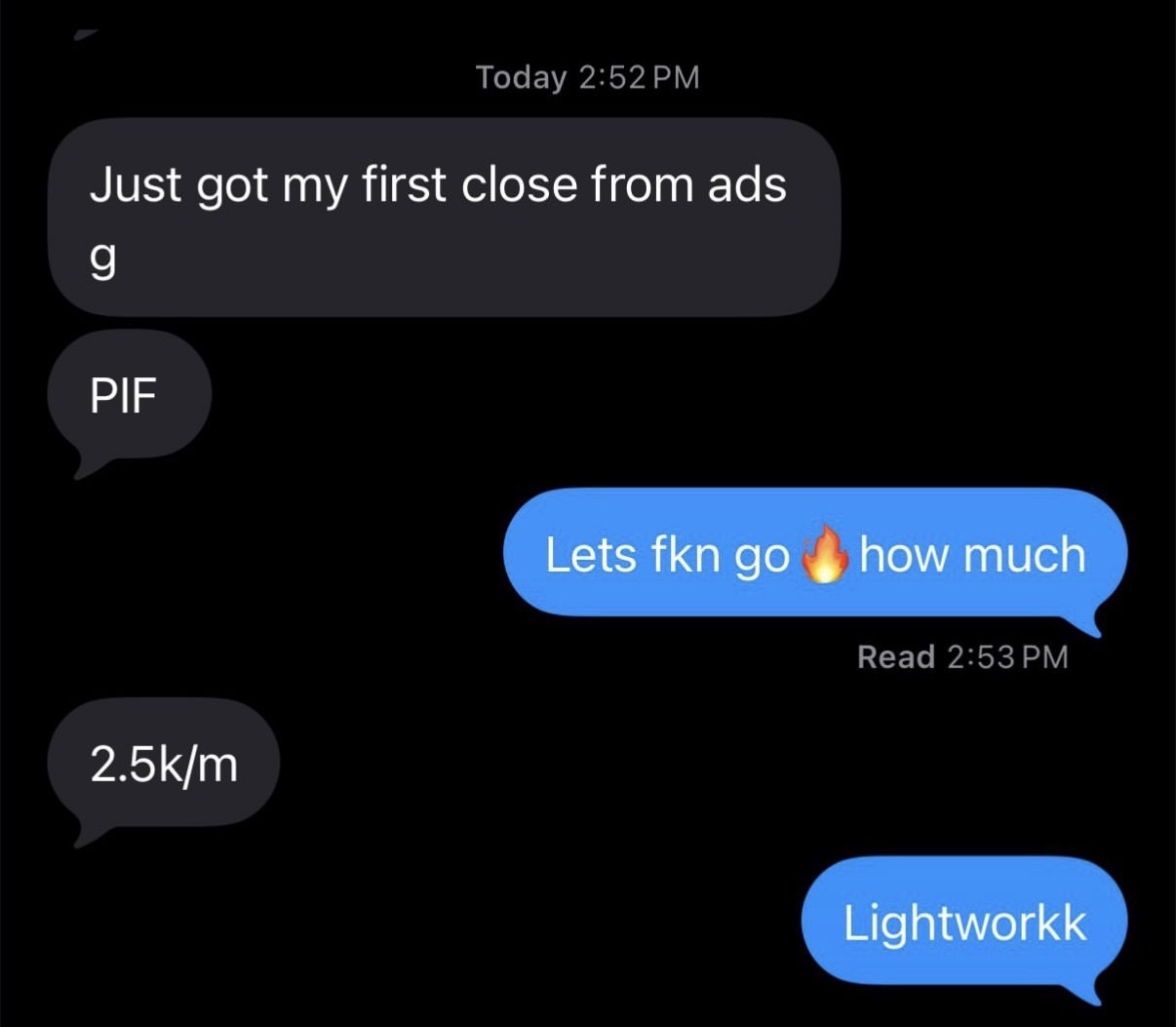 Student closing his first client from ads at $2.5k a month, paid in full