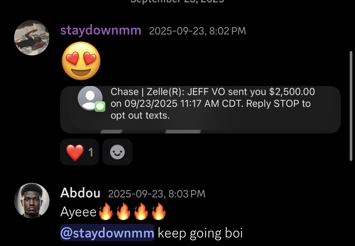 Student receiving a $2,500 payment from a client