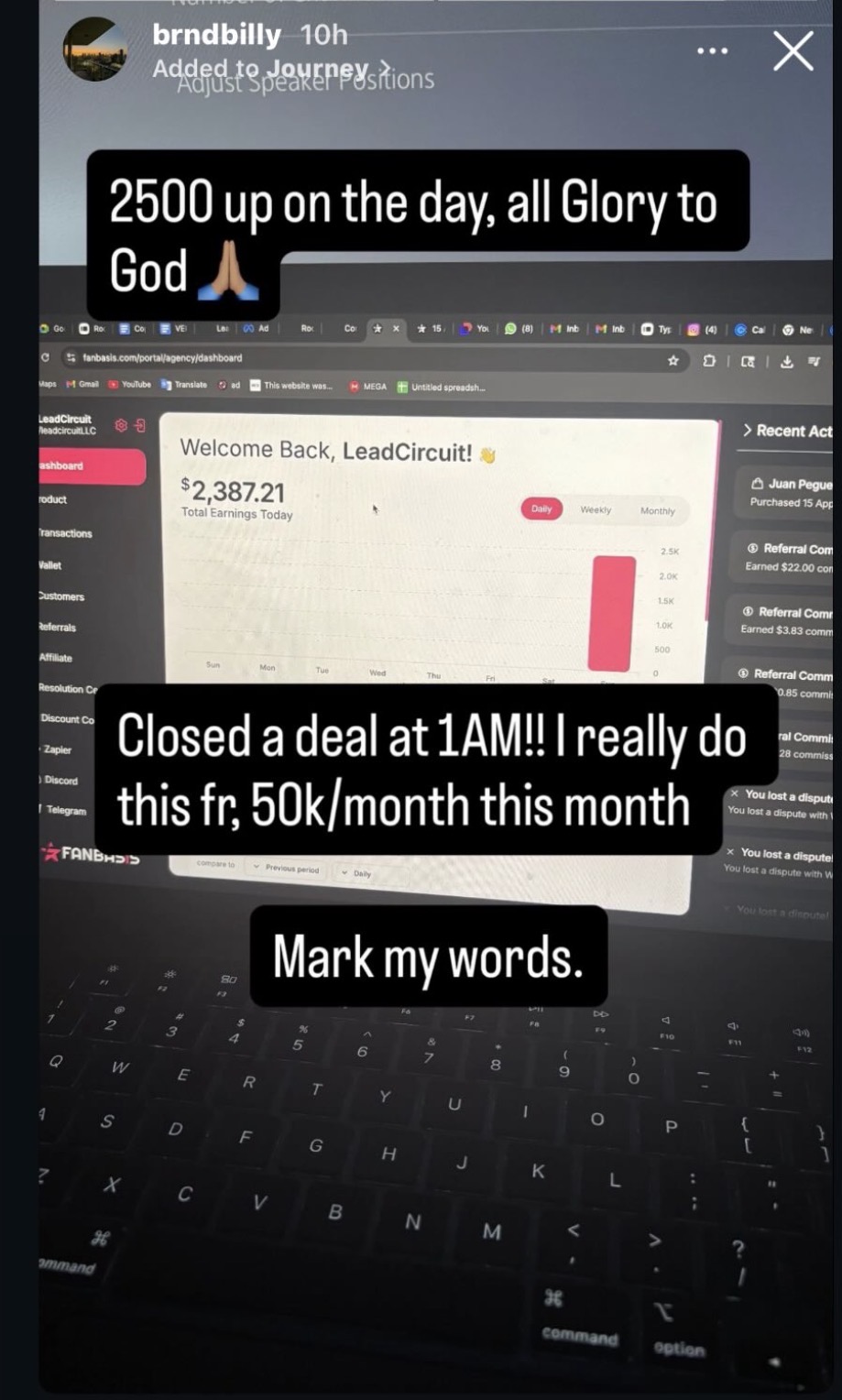Student closing a deal at 1AM, on track for $50K a month