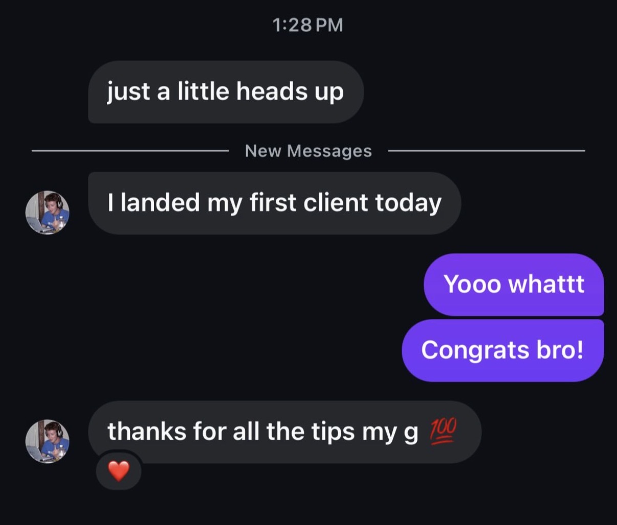 Student landing his first client the same day