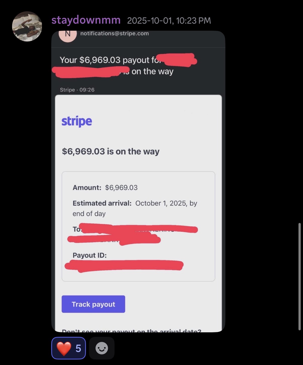 Student receiving a $6,969 Stripe payout