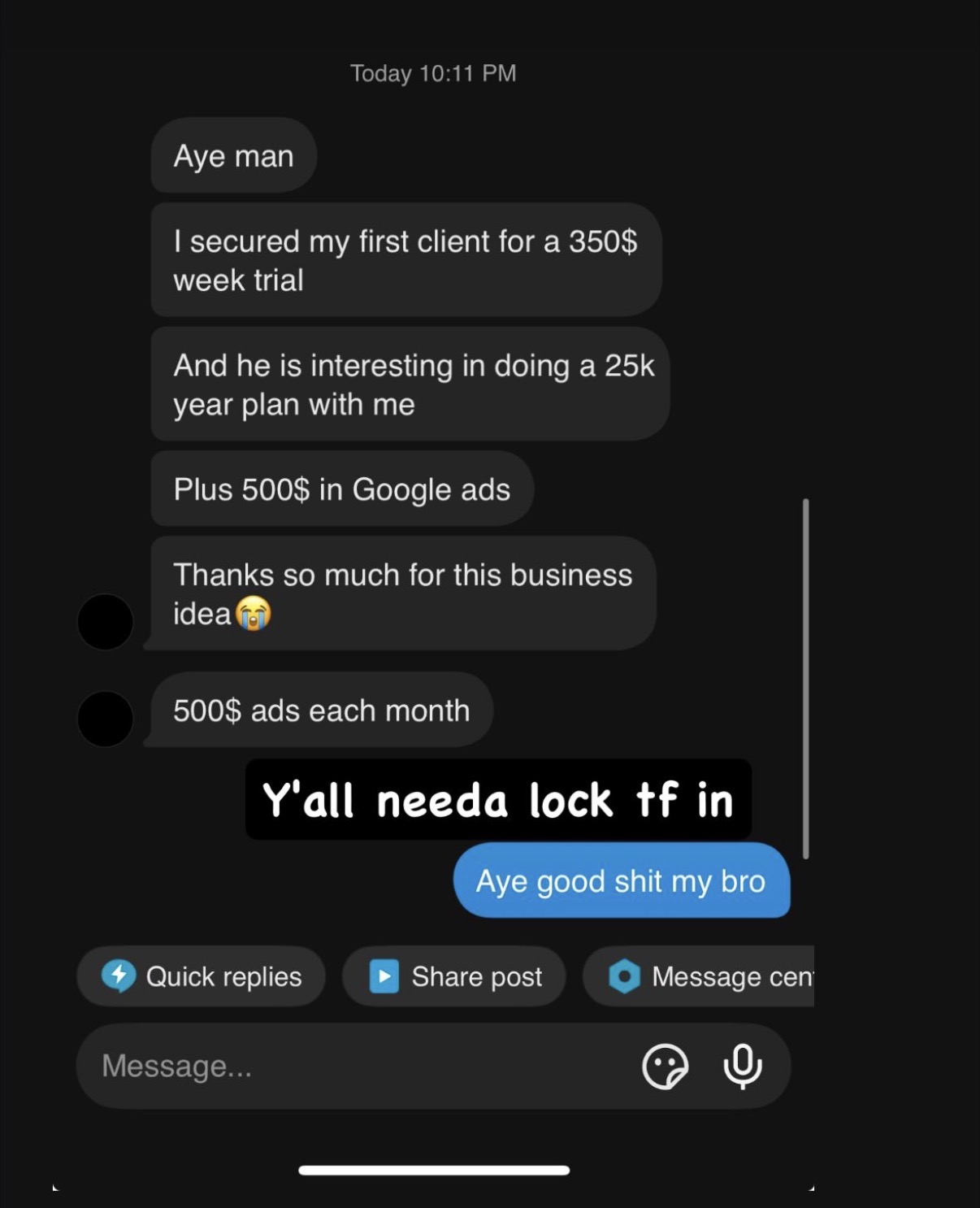 Student securing a first client on a $350 week trial plus ad spend