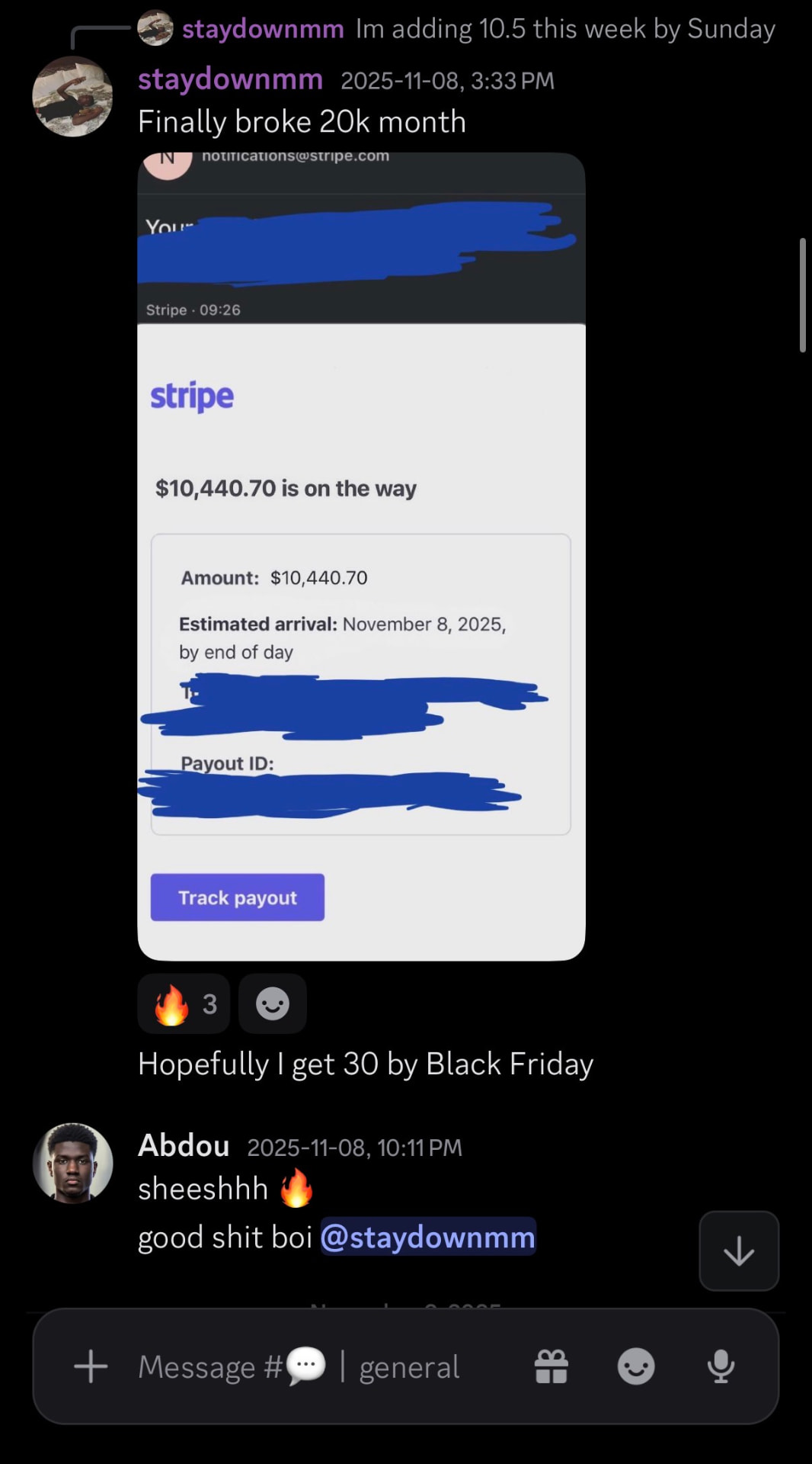 Student breaking a $20k month with a $10,440 Stripe payout