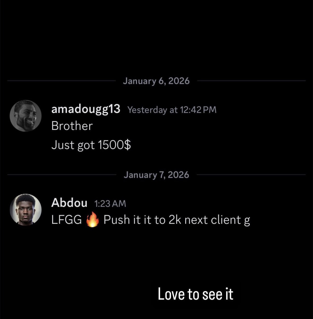 Student messaging that he just got paid $1,500