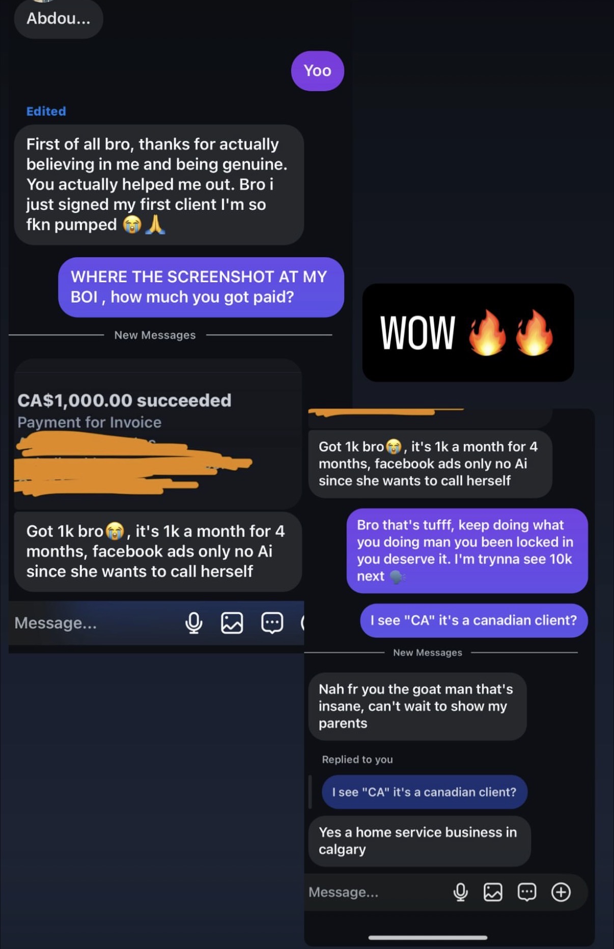 Student signing his first client and getting paid CA$1,000